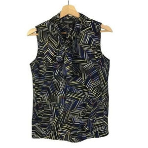 Evan Picone Black Label Black Geometric Printed Tie Neck Tank Top S
